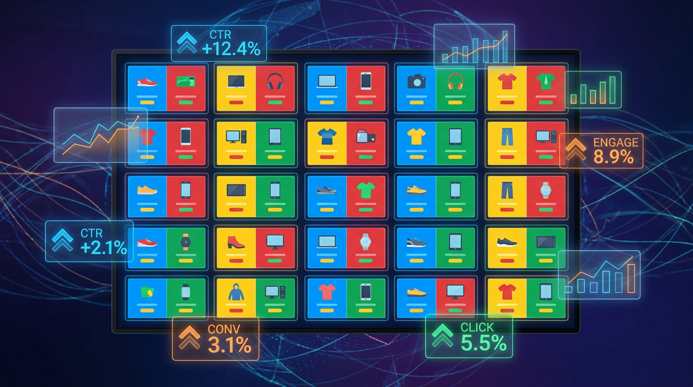 Dashboard d'A/B testing créatif montrant 30 visuels testés en parallèle avec métriques en temps réel