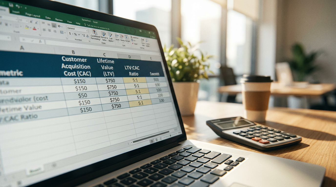 Tableau de calcul CAC et LTV sur un ordinateur portable avec calculatrice, environnement professionnel moderne
