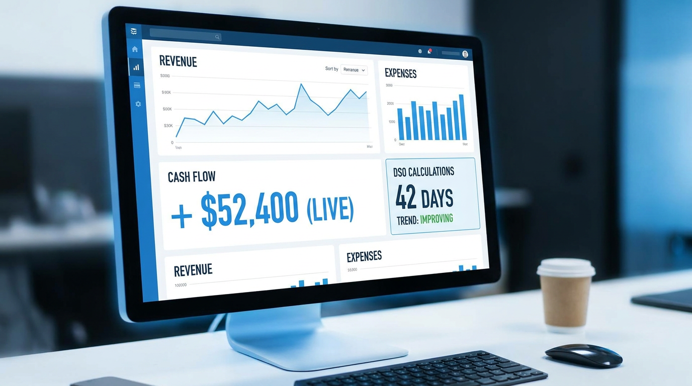 Tableau de bord financier affichant les métriques DSO et trésorerie en temps réel