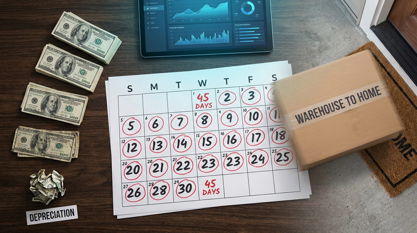 Illustration DSO dropshipping : 45 jours de trésorerie morte, calendrier et flux de cash bloqué