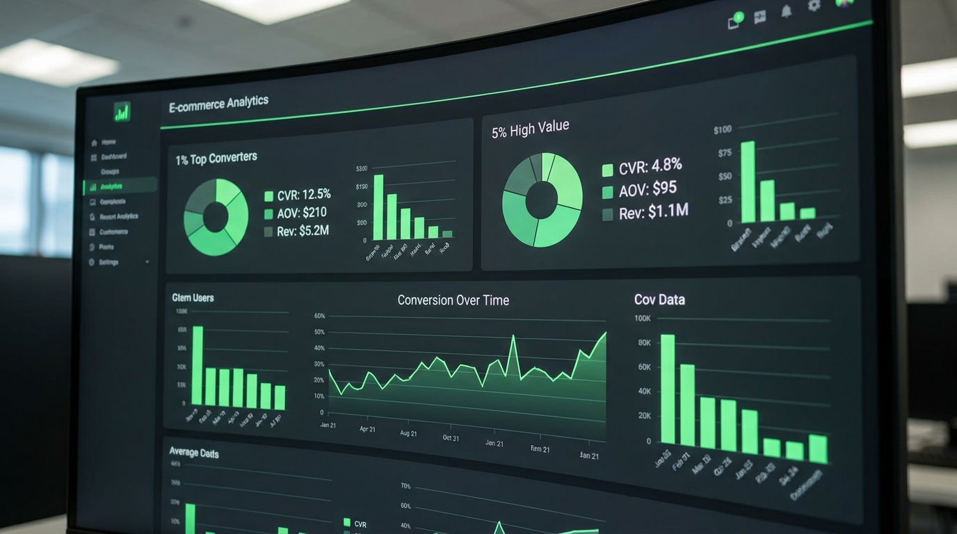 Tableau de bord Meta avec segmentation lookalike 1% et 5%, métriques de conversion en vert