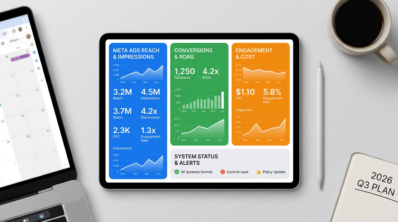 Tableau de bord Meta Ads montrant l'allocation budgétaire 30/30/30 avec métriques de performance