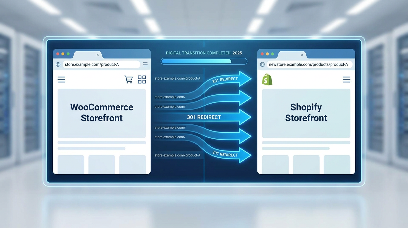 Diagramme de migration WooCommerce vers Shopify avec redirects 301