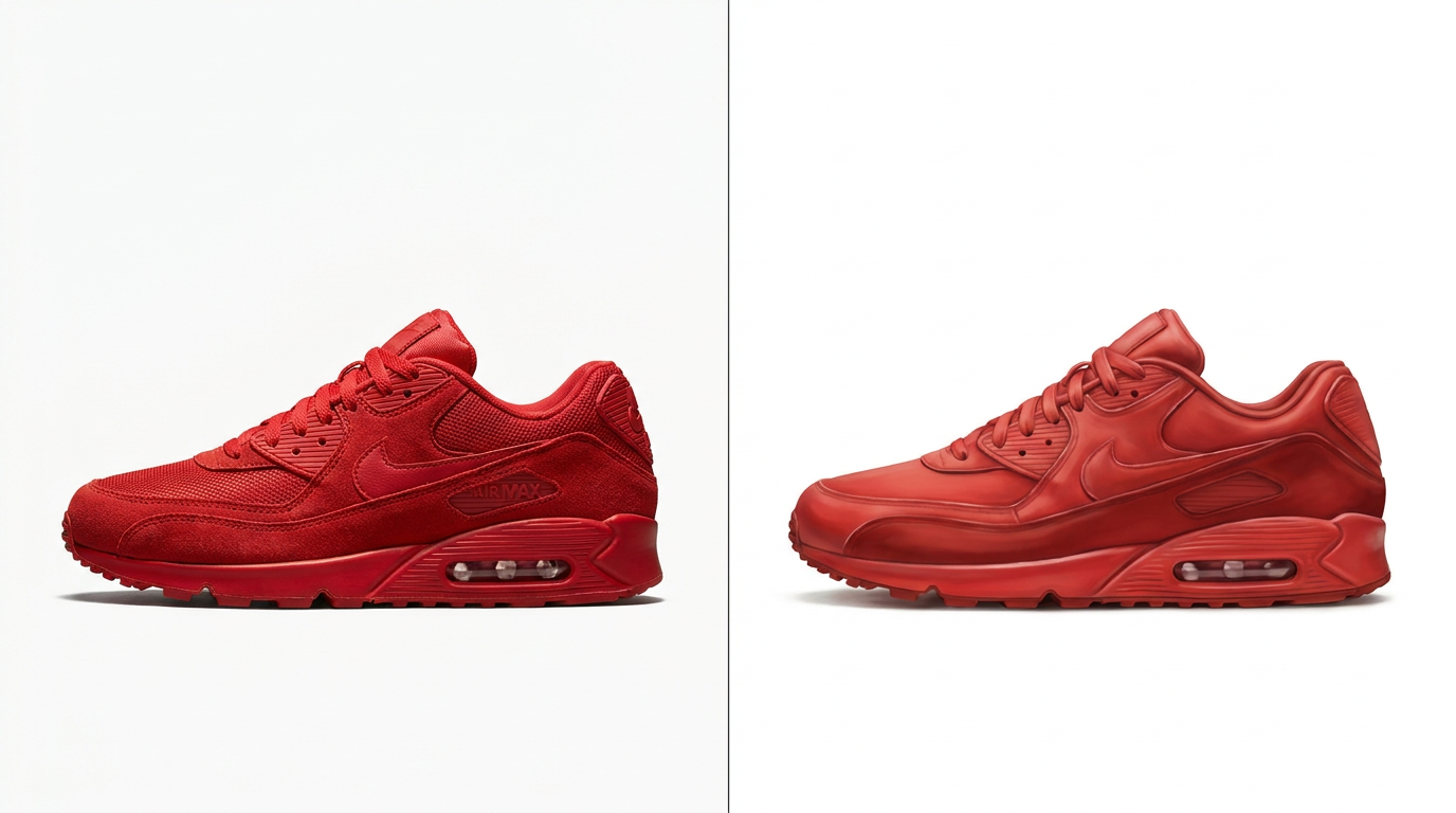 Comparaison visuelle entre deux modèles IA : sneaker ultra-détaillée vs illustration cohérente et raffinée