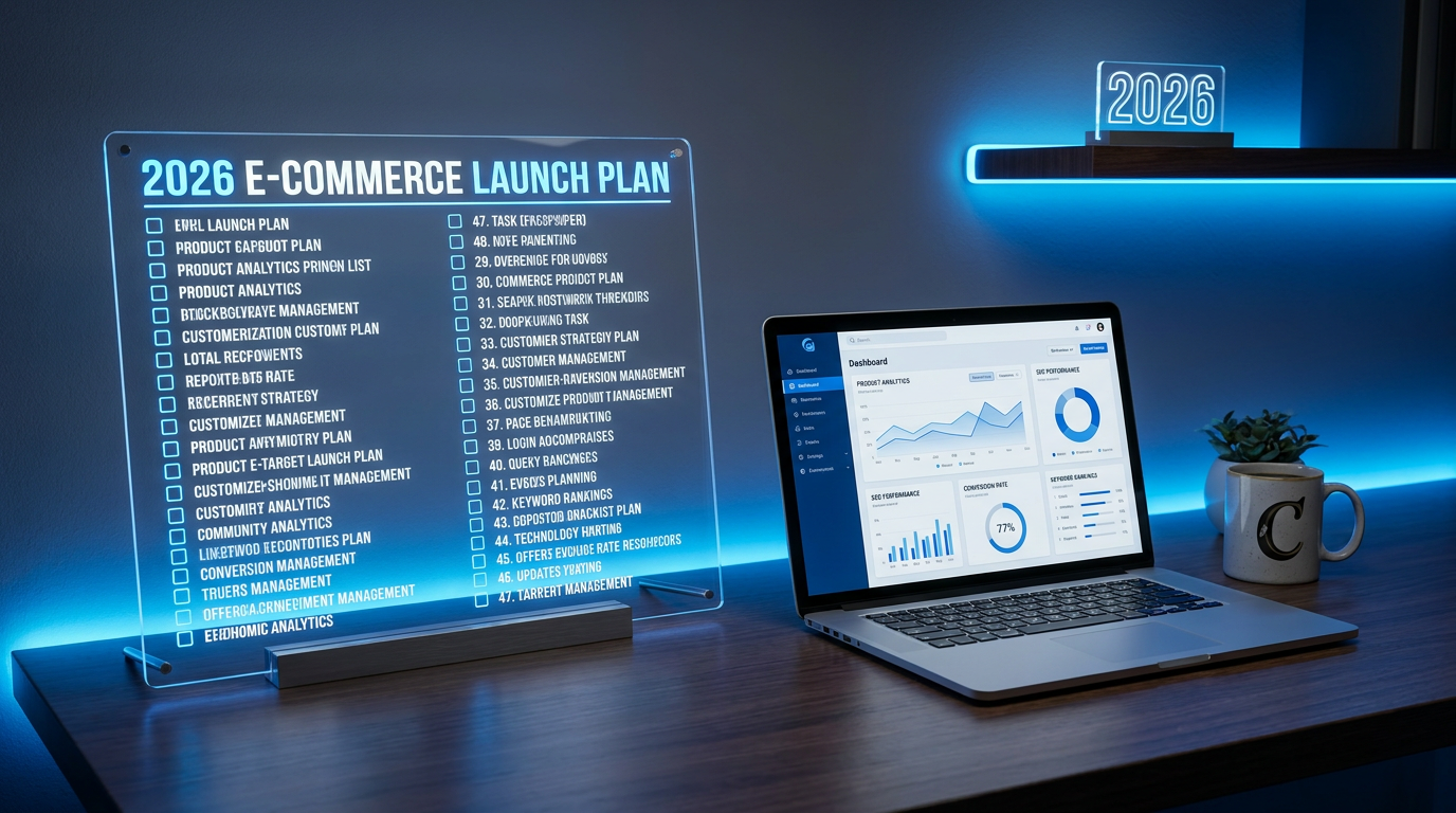 Checklist SEO Shopify avec 47 points affichée sur un écran de tableau de bord analytique professionnel