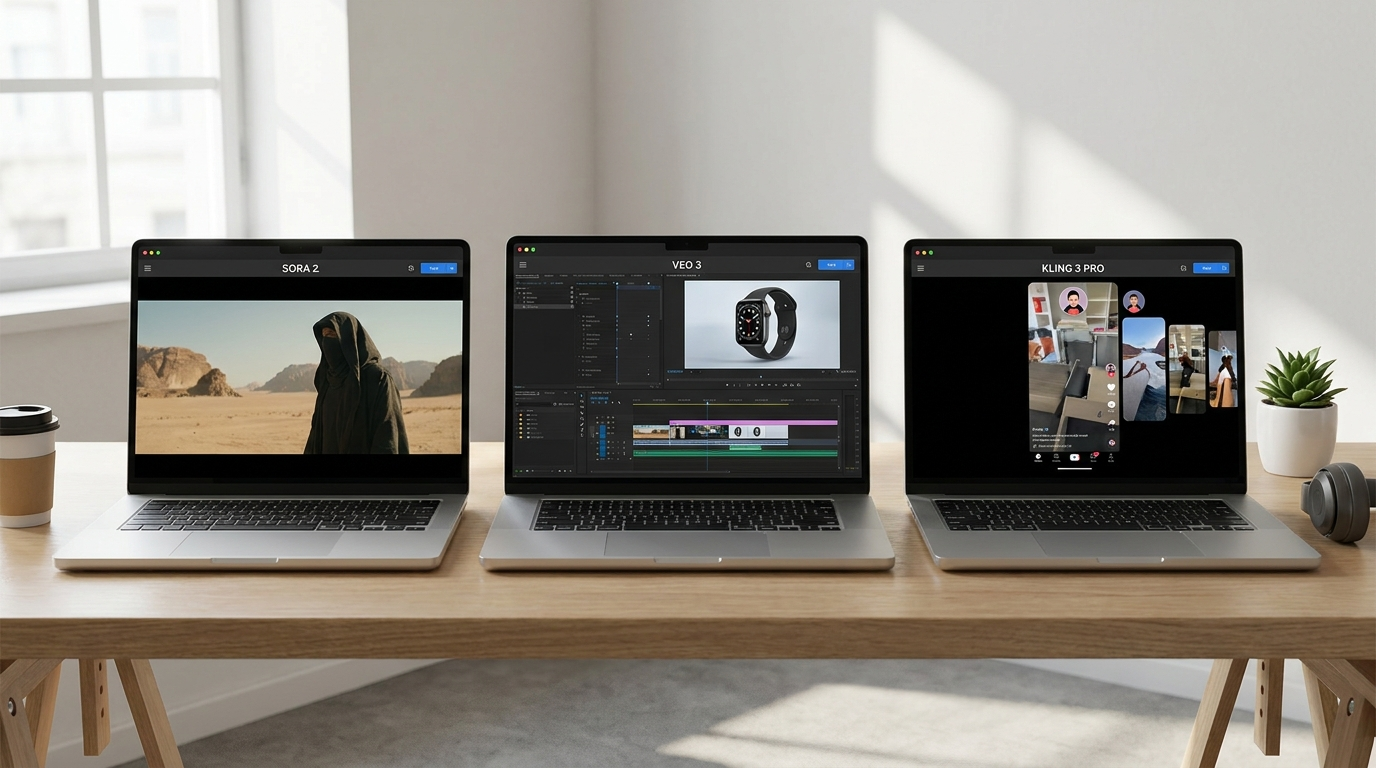 Comparaison des trois interfaces Sora 2, Veo 3 et Kling 3 Pro pour la génération de vidéo IA