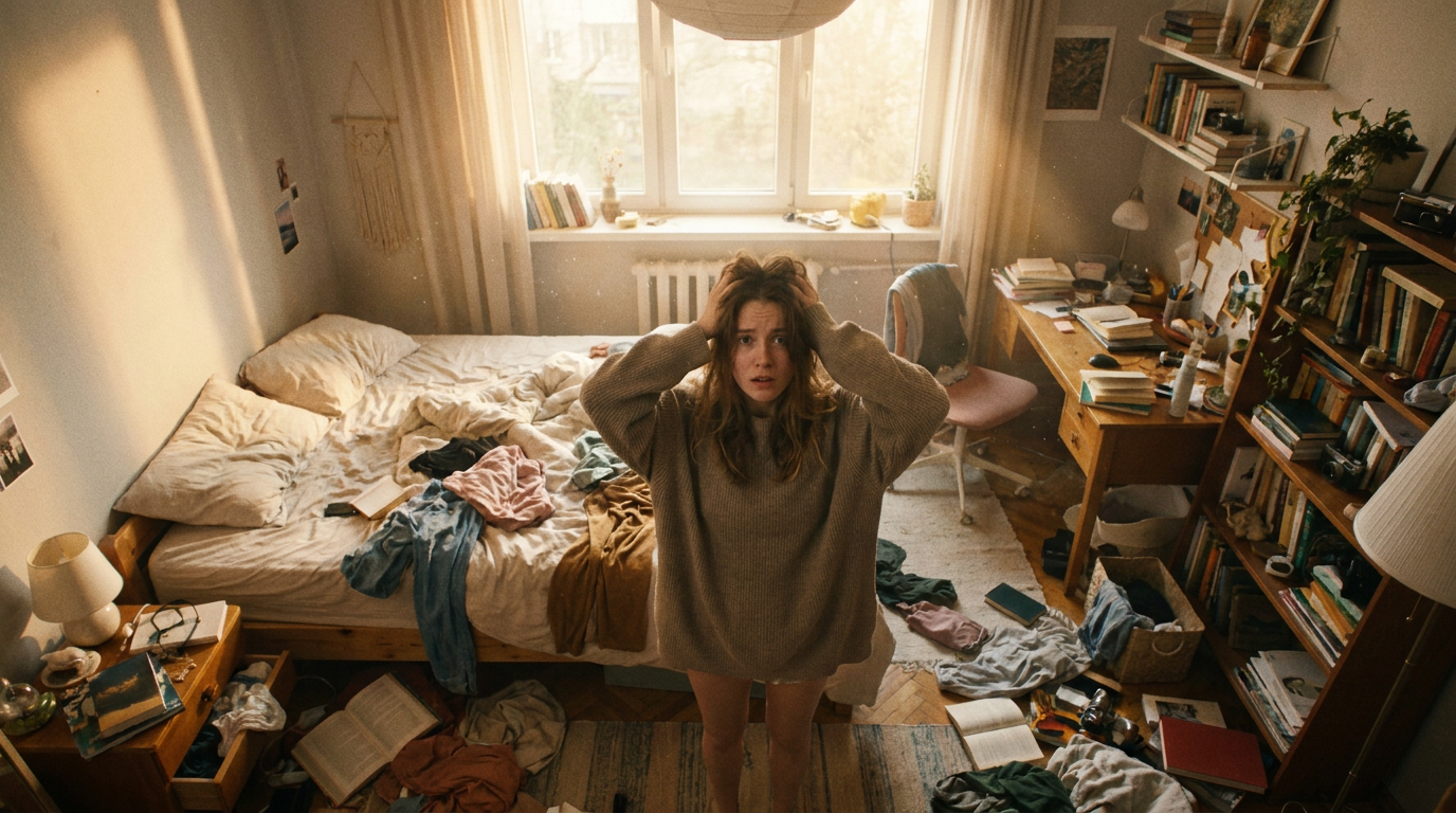 Chambre désordonnée vue de haut avec une femme frustrée au centre, lumière naturelle matinale
