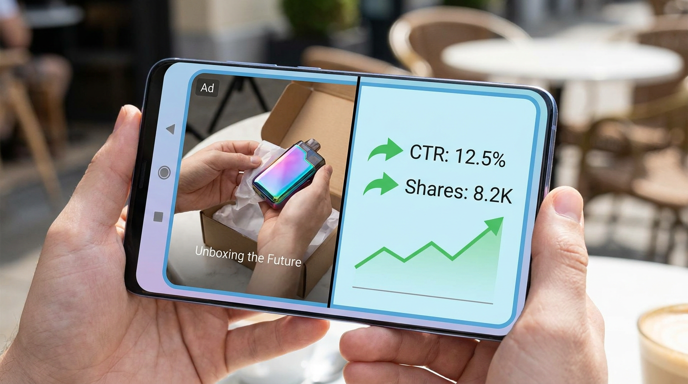 Interface TikTok avec vidéo d'unboxing produit et métriques de conversion élevées (CTR 8%, ROAS 2.0x)