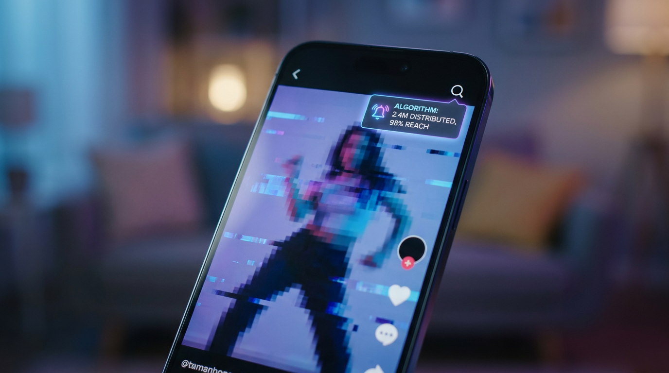 Écran smartphone avec vidéo UGC et interférence algorithmique progressive